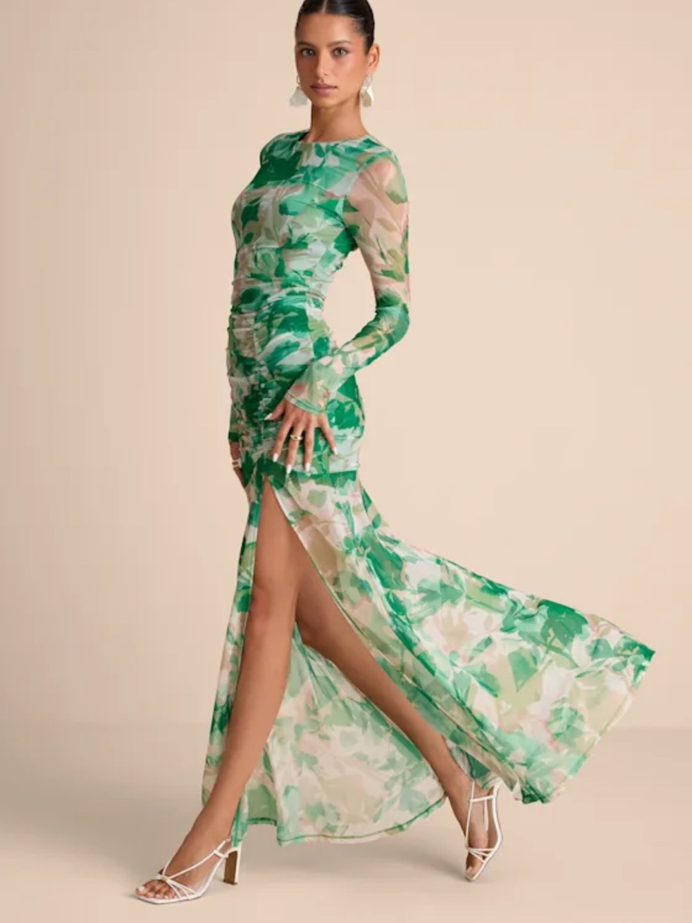 Lulu's Green Floral Long-Sleeve Sheer Maxi Dress with High Slit